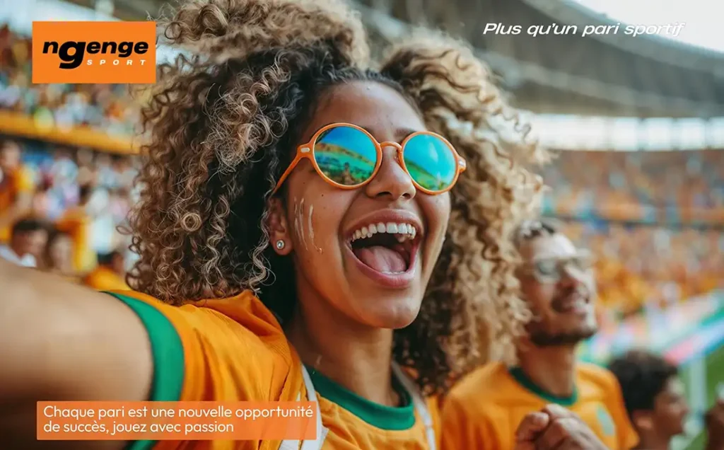 Supporters en fête dans un stade. Une femme souriante en lunettes orange, pub pour Ngenge Sport.