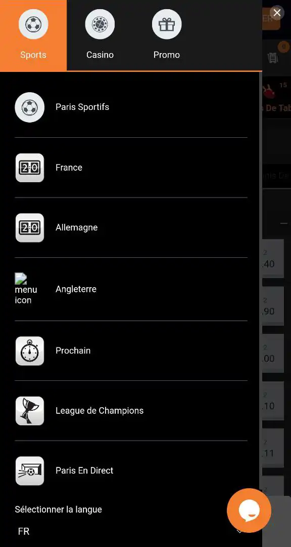 Menu mobile de Ngenge Sport avec options pour paris sportifs, casino, promotions et sélection de la langue.