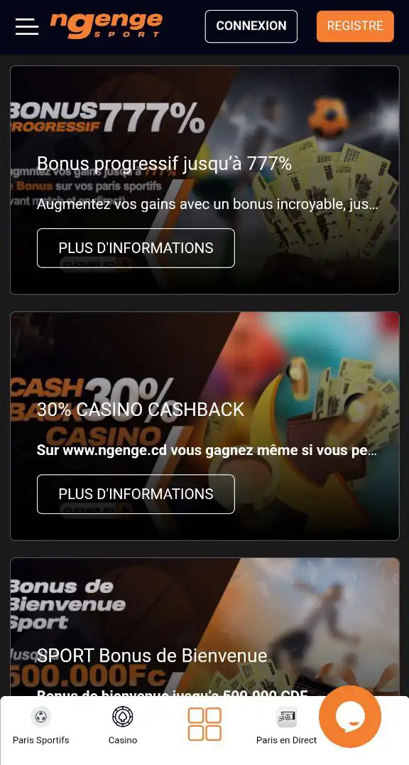 Interface mobile de Ngenge Sport affichant des offres promotionnelles, dont un bonus progressif et un cashback casino.