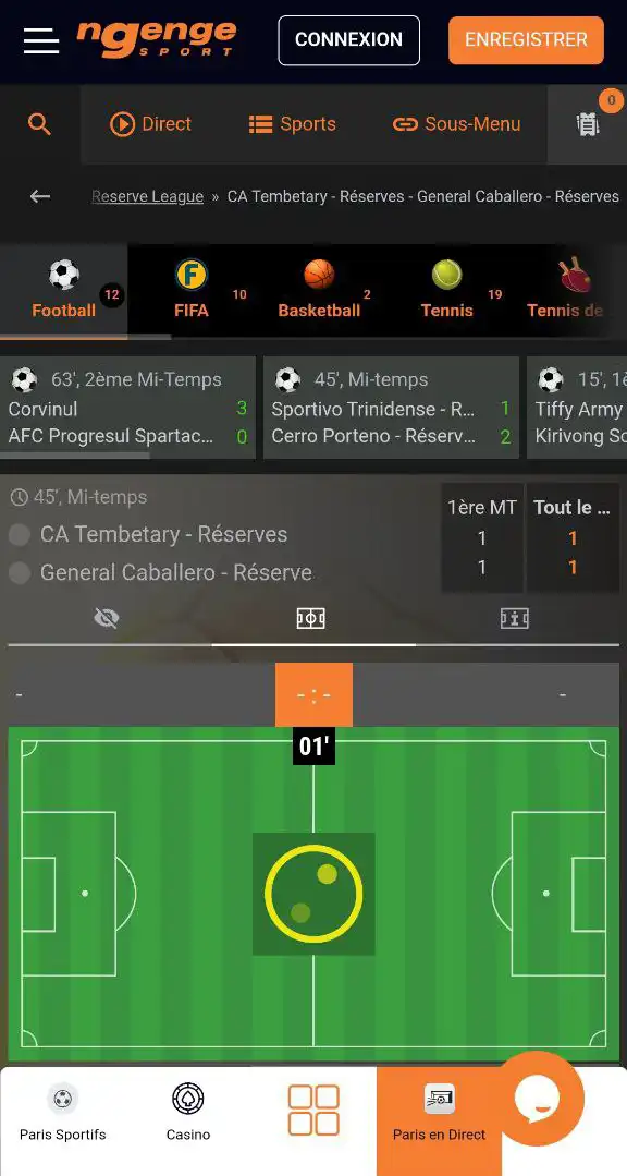 Interface mobile de Ngenge Sport affichant un match en direct avec score et suivi graphique du terrain.