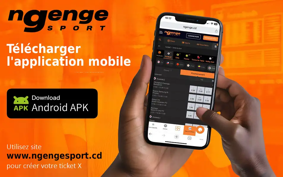 Main tenant un téléphone avec l’application Ngenge Sport. Invitation à télécharger l’APK Android.