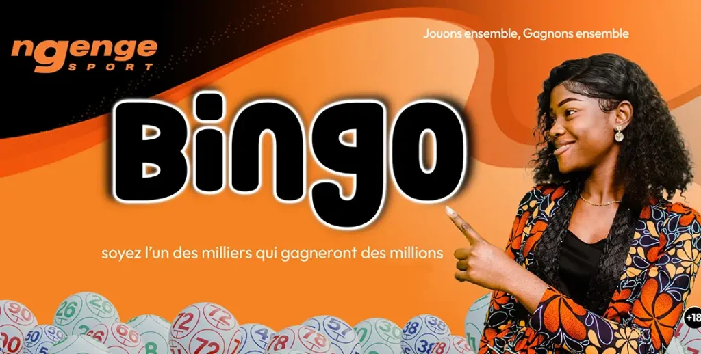 Femme souriante pointant "Bingo" sur une affiche Ngenge Sport. Boules de bingo en bas de l’image.