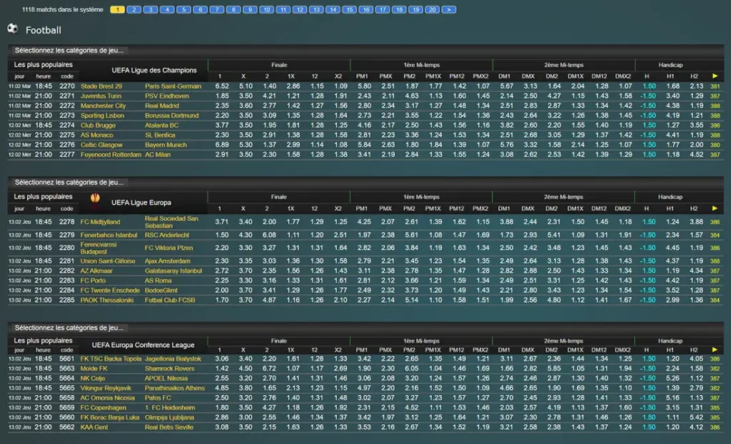 Tableau des cotes de matchs sur Ngenge Sport. Ligues UEFA affichées avec options de paris détaillées.