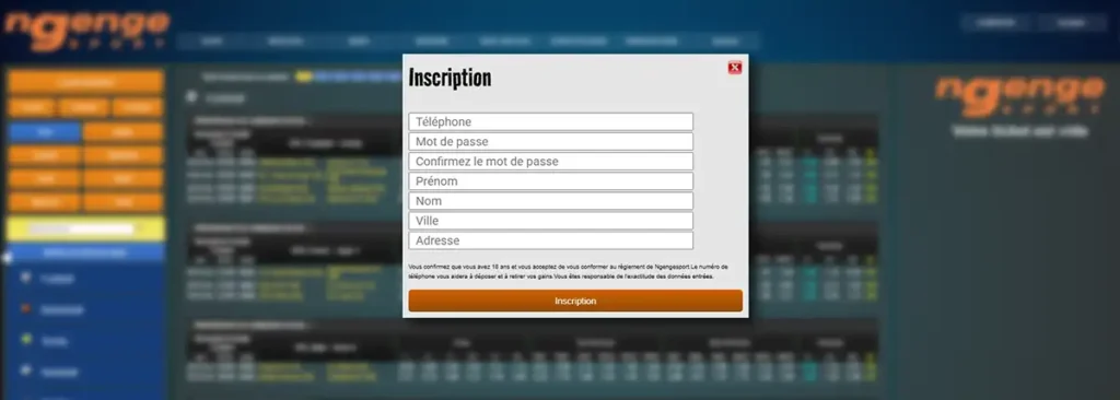 Formulaire d’inscription sur Ngenge Sport avec champs pour téléphone, mot de passe et informations personnelles.
