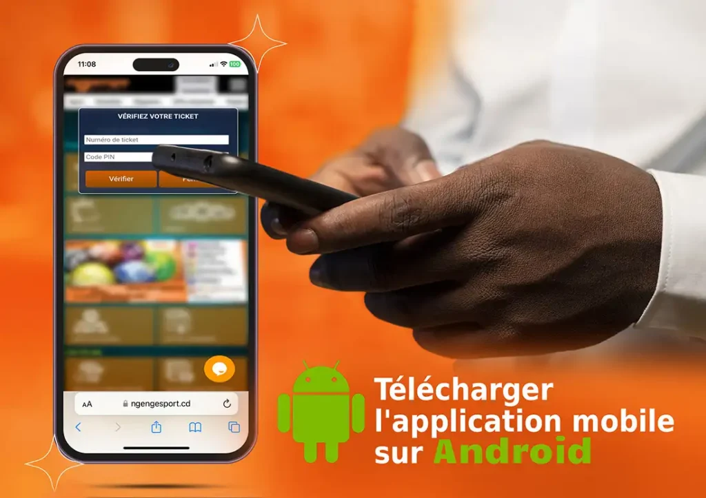 Main utilisant un téléphone avec l’application Ngenge Sport. Invitation à télécharger l’app mobile pour Android.