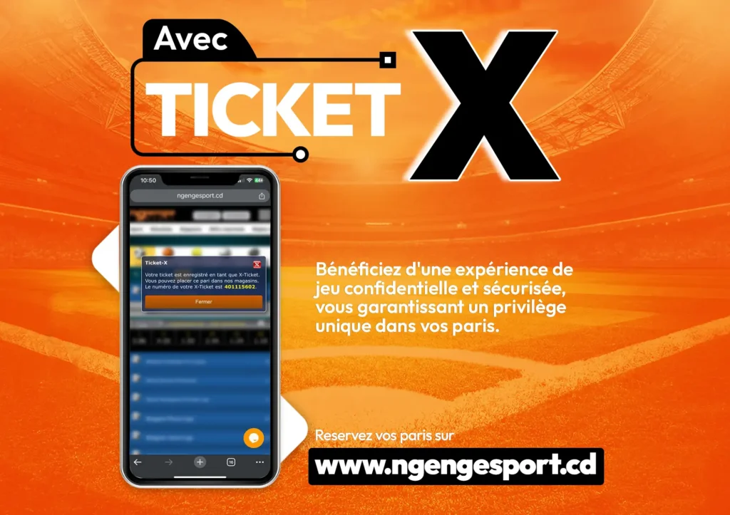 Affiche promotionnelle de Ticket X sur Ngenge Sport. Un téléphone montre un ticket enregistré sur le site.