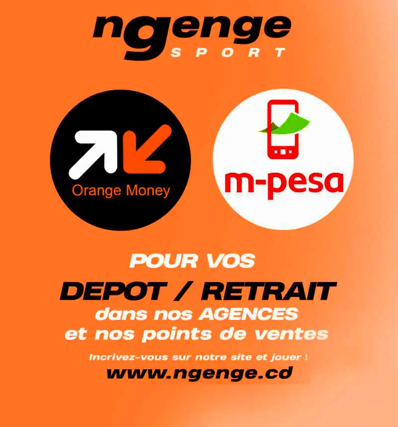 Affiche Ngenge Sport annonçant les dépôts et retraits via Orange Money et M-Pesa dans les agences et points de vente.