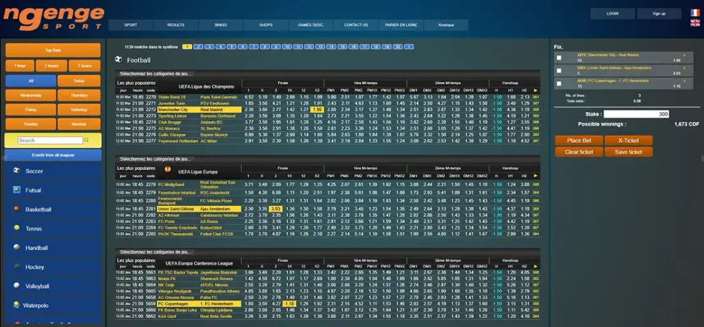 Interface de paris sportifs sur Ngenge Sport. Matchs, cotes et options de mise affichés pour les utilisateurs.