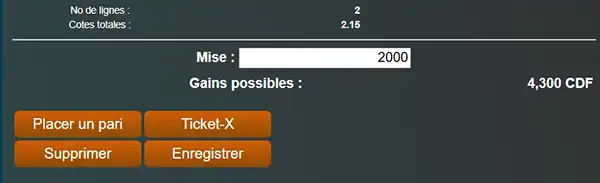 Interface de pari sur Ngenge Sport. Mise de 2000 CDF avec un gain potentiel de 4300 CDF affiché à l’écran.
