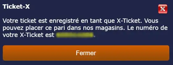 Message de confirmation sur Ngenge Sport. Un ticket X-Ticket est enregistré avec un numéro unique.